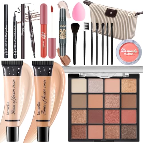 Makeup Set for Girls & Women, Full Face Kit, Travel Kit, Present Set, Eyeshadow, Foundation, Blusher, Eyeliner, Lip Gloss, Makeup Brushes & Sponge Bag