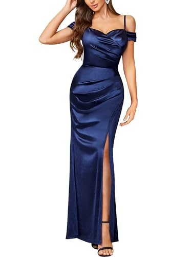 Miusol Women's Sexy Off Shoulder Satin High Split Ruched Style Evening Party Maxi Dress