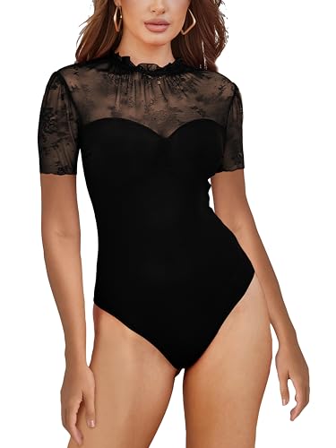 Women's Sheer Lace Crochet Splicing Mesh Short Puff Sleeve Bodysuit Mock Turtle Neck Body Suit Going Out Tops