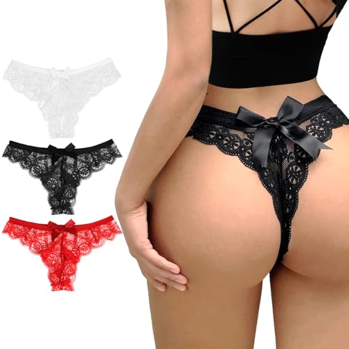 Women Lace Bow Thongs 3 Pack Low Waist Sexy Panties with Bow Breathable Cheeky Panties Underwear for Bride