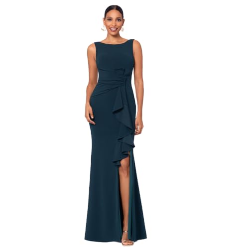 Betsy & Adam Women's Long Sleeveless Boat Neck Ruffle Side Slit Scuba Crepe Gown