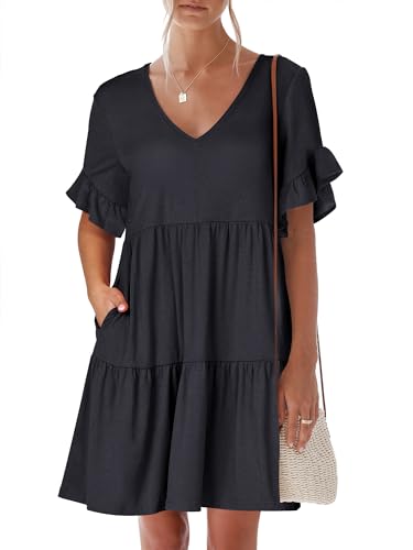 ANRABESS Dresses for Women Summer 2025 V Neck Ruffle Sleeve A Line Tiered Flowy Casual Trendy Mini Beach Dress with Pockets