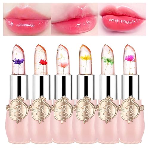 BONNIE CHOICE 6 Pcs Crystal Flower Jelly Lipstick Set, Temperature Change Moisturizer Long Lasting Flower Lip Stick Nutritious Lip Balm Magic Color Change Lip Gloss Makeup