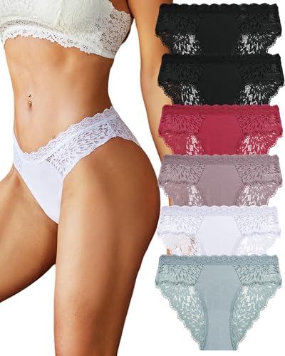FINETOO 6 Pack Bikini Underwear for Women Sexy Lace Cheeky Panties Low Rise Hipster Cotton Panty