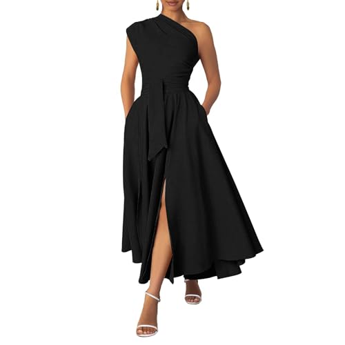 Ekaliy Women's One Shoulder Belted Maxi Dress Long Formal Wedding Guest Dress with Pockets