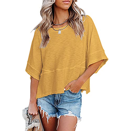 Women's Summer Casual Crewneck Batwing Half Sleeve T-Shirts Solid Color Loose Fit Cute Basic Flowy Tops Tees Blouses