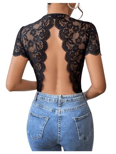 Verdusa Women's Lace Short Sleeve Bodysuit Backless Bodysuits Tummy Control Night Out Concent Outfits