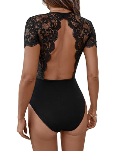 Women's Sexy Round Neck Short Sleeve Shirts Lace Backless Scallop Trim Bodysuits Tops