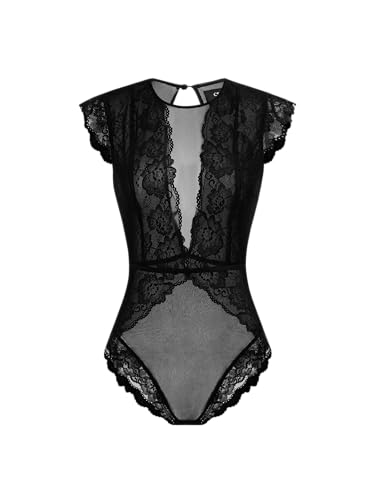 CIDER Lace Round Neckline Solid Cut Out See-through Bodysuit