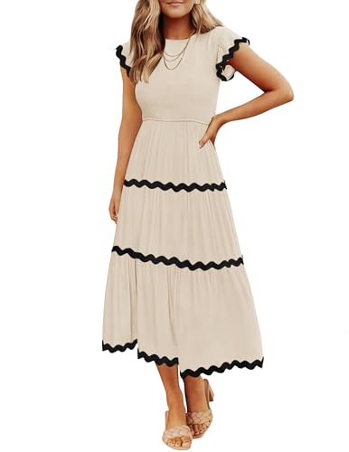 ZESICA Women's Summer Flutter Short Sleeve Smocked Midi Dress Casual High Waist Rickrack Tiered Flowy Dresses