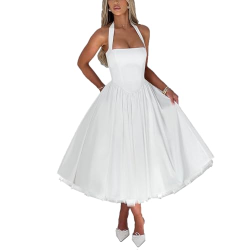 Women Summer Halter Dress Low Cut Sleeveless A Line Tulle Swing Flowy Tea Length Dress Corset Prom Formal Ball Gowns