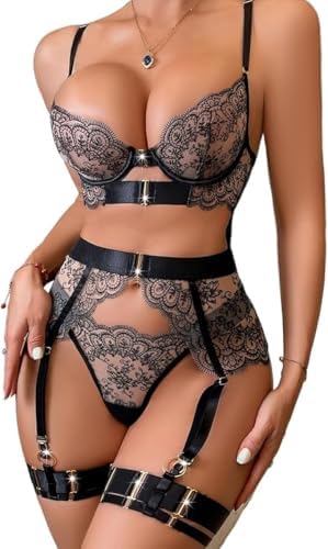 Lace Lingerie Set with Garter Belt Sheer Bra and Panty Floral Embroidery Adjustable Straps for Women Nightwear