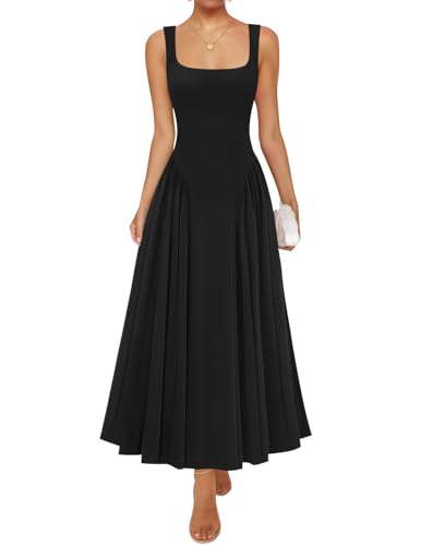 ZESICA Womens 2025 Summer Sleeveless Square Neck Sundress Casual Long Flowy A Line Knit Dress Beach Vacation Maxi Dresses