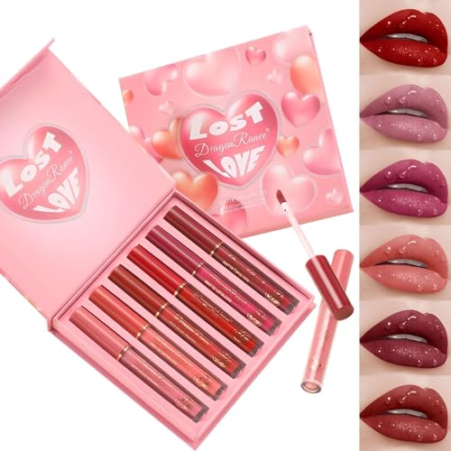 6 Pcs Matte Liquid Lipstick Set Red Lip Gloss with Long-Lasting and Waterproof Lipsticks for Women Lip Makeup Gift (Pink Heart, 6 Pcs)