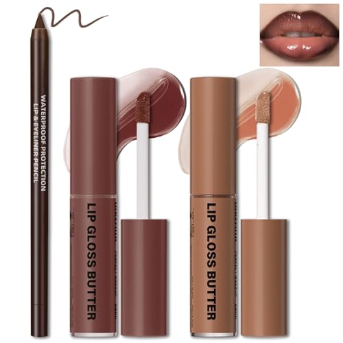 2 Colors Nourishing Lip Gloss Hydration Non-Sticky Plumping Lip Kit for Women, Natural Nude Tinted Lip Glow Oil Moisturizing Lightweight Long Wear Shiny Liquid Lipstick with Lip Liner Combo