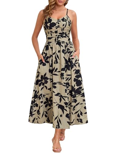 Annebouti Women 2025 Summer Fall Ruched Maxi Dress Adjustable Spaghetti Strap Floral Beach Long Sundress with Pockets
