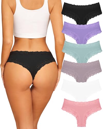FINETOO Womens Cotton Underwear Sexy Lace Hipster Panties Soft Breathable Cotton Brazilian Bikini Ladies 6 Pack
