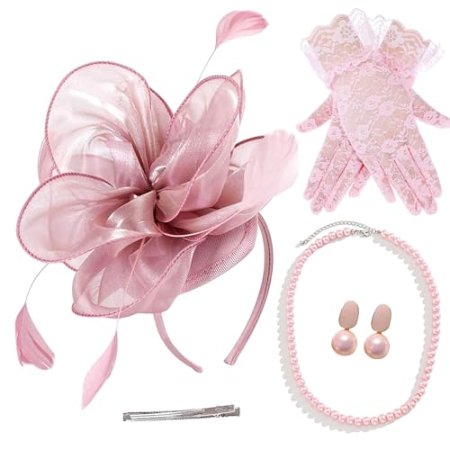 4 PCS Fascinators Hat Kentucky Derby Hats Wedding Cocktail Tea Party Headwear with Lace Gloves Pearl Necklace Earrings