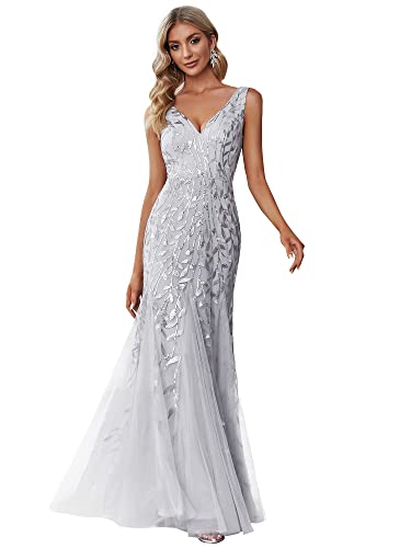 Ever-Pretty Women's Formal Dress Sequin Tulle Double V-Neck Sleeveless Mermaid Long Evening Dress 07886