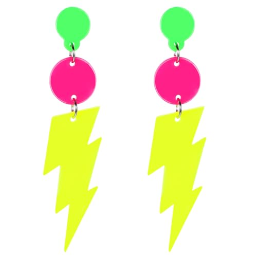 90s Outfits Neon Earrings for Women - Retro Drop Dangle Earrings with Colorful Lightning Bolt Design, Party Accessories for 80s 90s Theme Party (1 Pair)